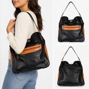 Blvd Black Tan Full-Grain Leather Hobo Shoulder Bag Handbag TurnLock Medium NWOT